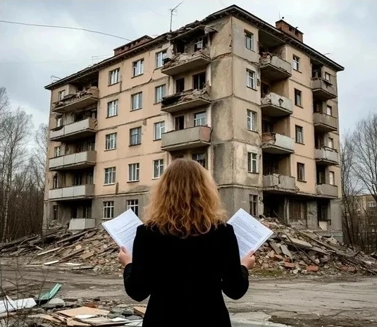 На изображении человек с длинными светлыми волосами стоит спиной к камере и держит бумаги. Перед ним разрушенное здание с обломками. Вокруг голые деревья и серое небо.